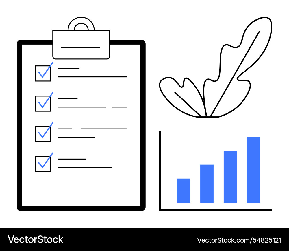 Checklist on clipboard with bar graph and leaf Checklist on clipboard with bar graph and leaf vector image