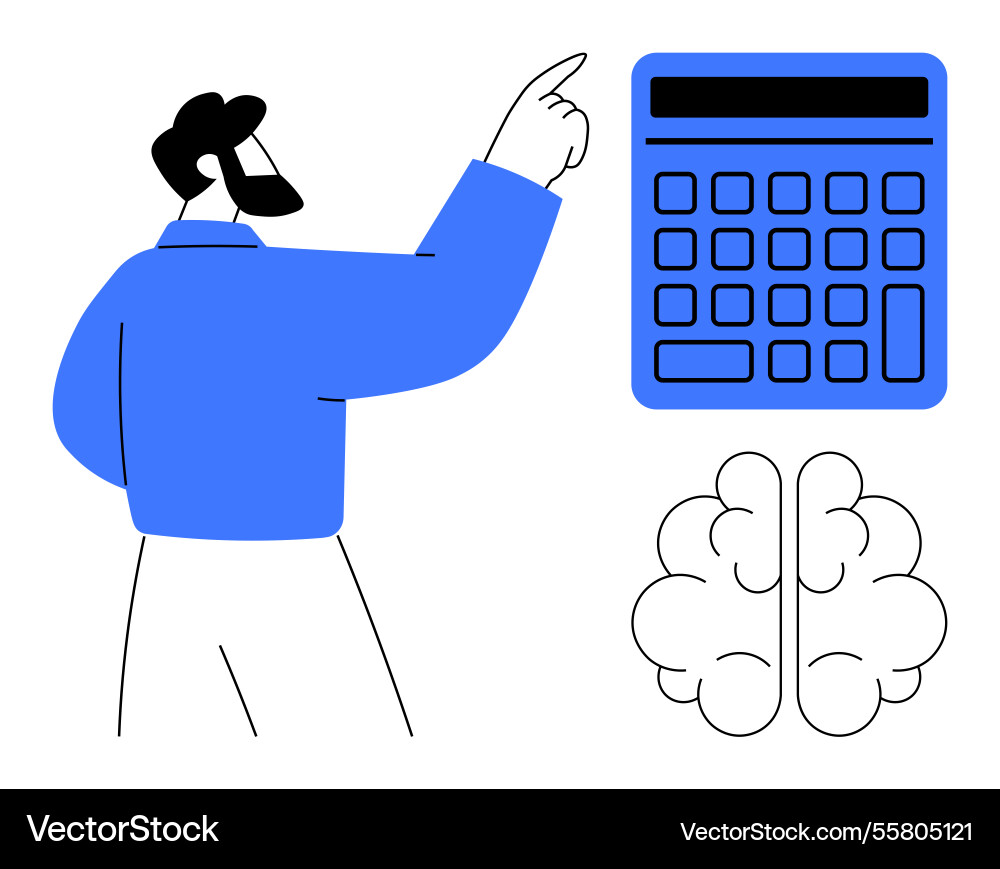 Man pointing at a calculator with brain metaphor Man pointing at a calculator with brain metaphor vector image