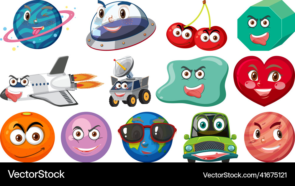 Set of different toy objects with smiley faces vector image