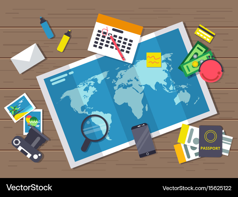 Big world map with different traveling elements vector image