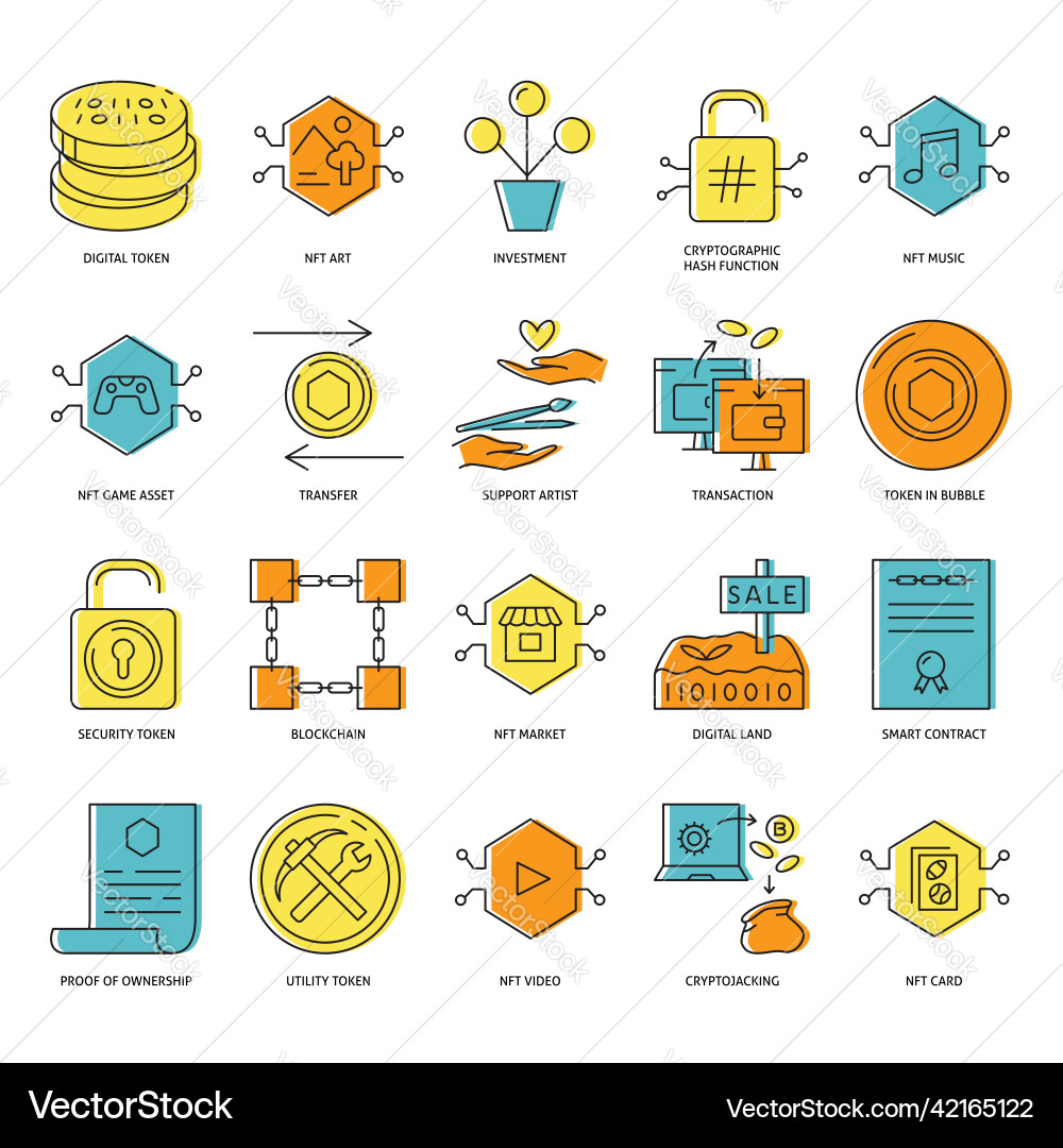 Nft token and blockchain icon set Nft token and blockchain icon set Vector Image