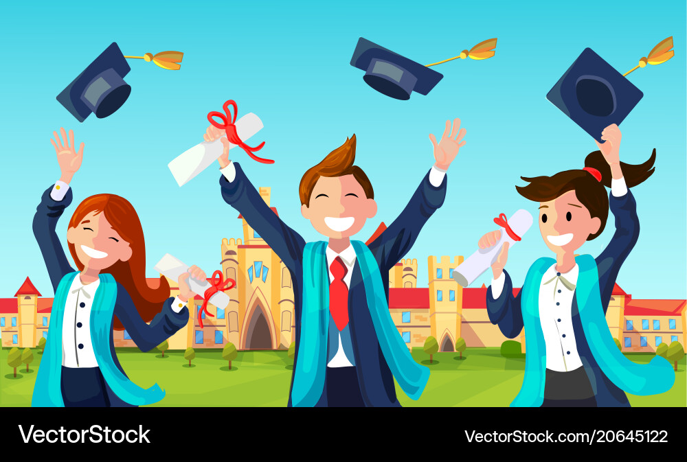 Students throw graduation hats in air vector image