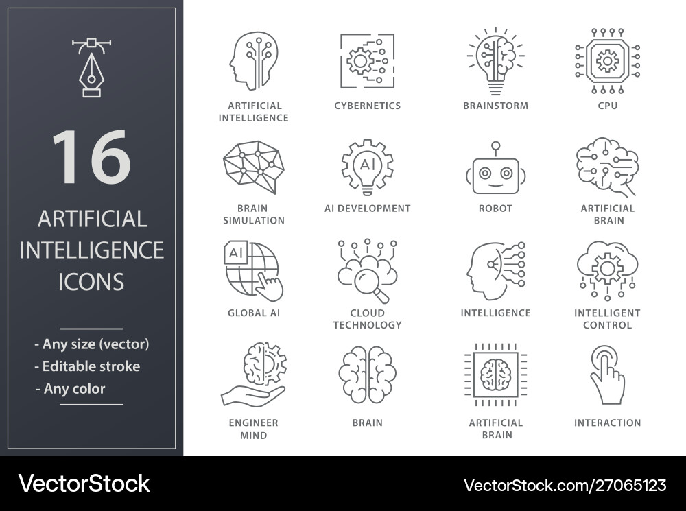 AI Line Icons - Technology & Brain Vector Image