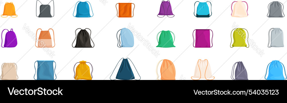 Drawstring sack icons set colorful Drawstring sack icons set colorful vector image