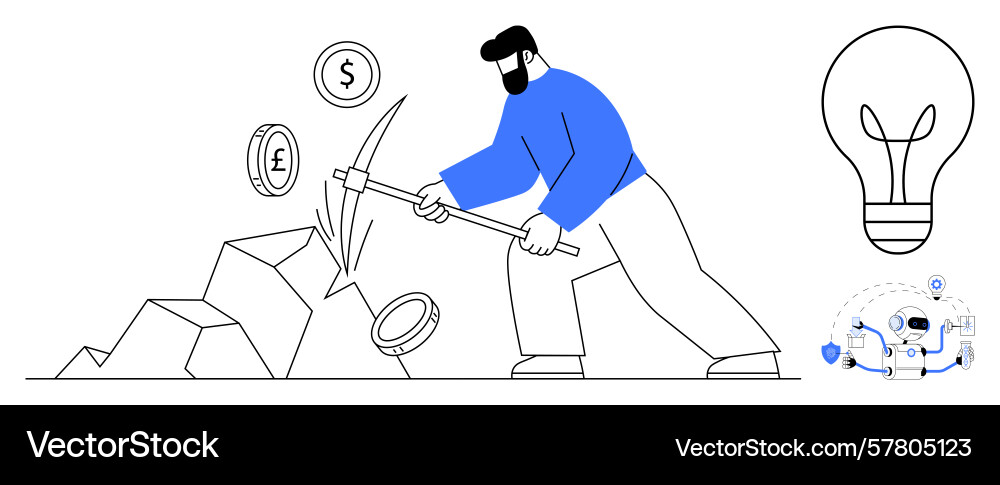 Man mining currency coins from rocks with light Man mining currency coins from rocks with light vector image