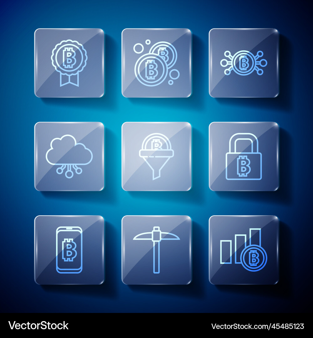 Set line mining bitcoin from mobile pickaxe pie vector image