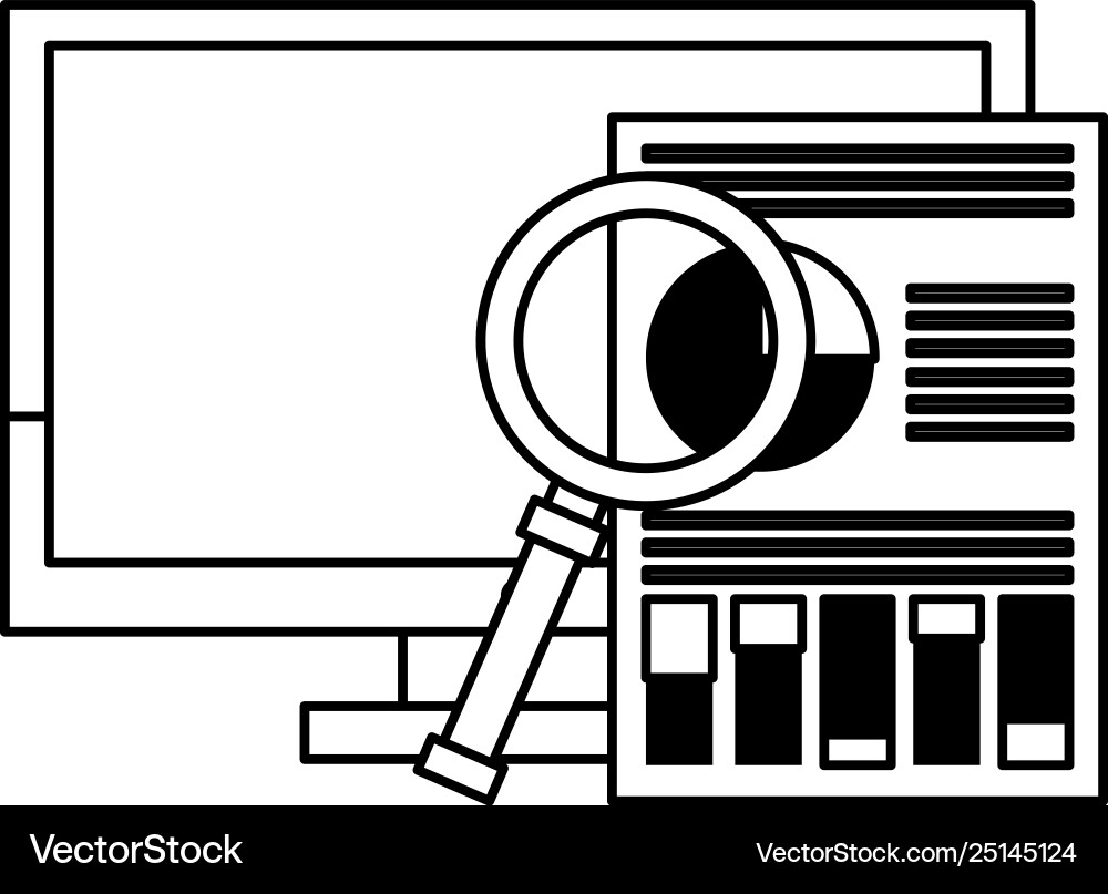 Computer with magnifying glass and document Vector Image
