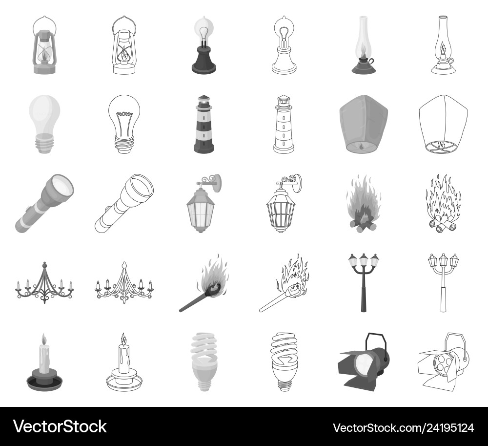 Light source monochromeoutline icons in set Light source monochromeoutline icons in set Vector Image