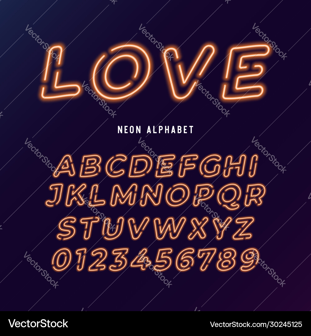 Neon Tube Alphabet & Numbers Vector Image