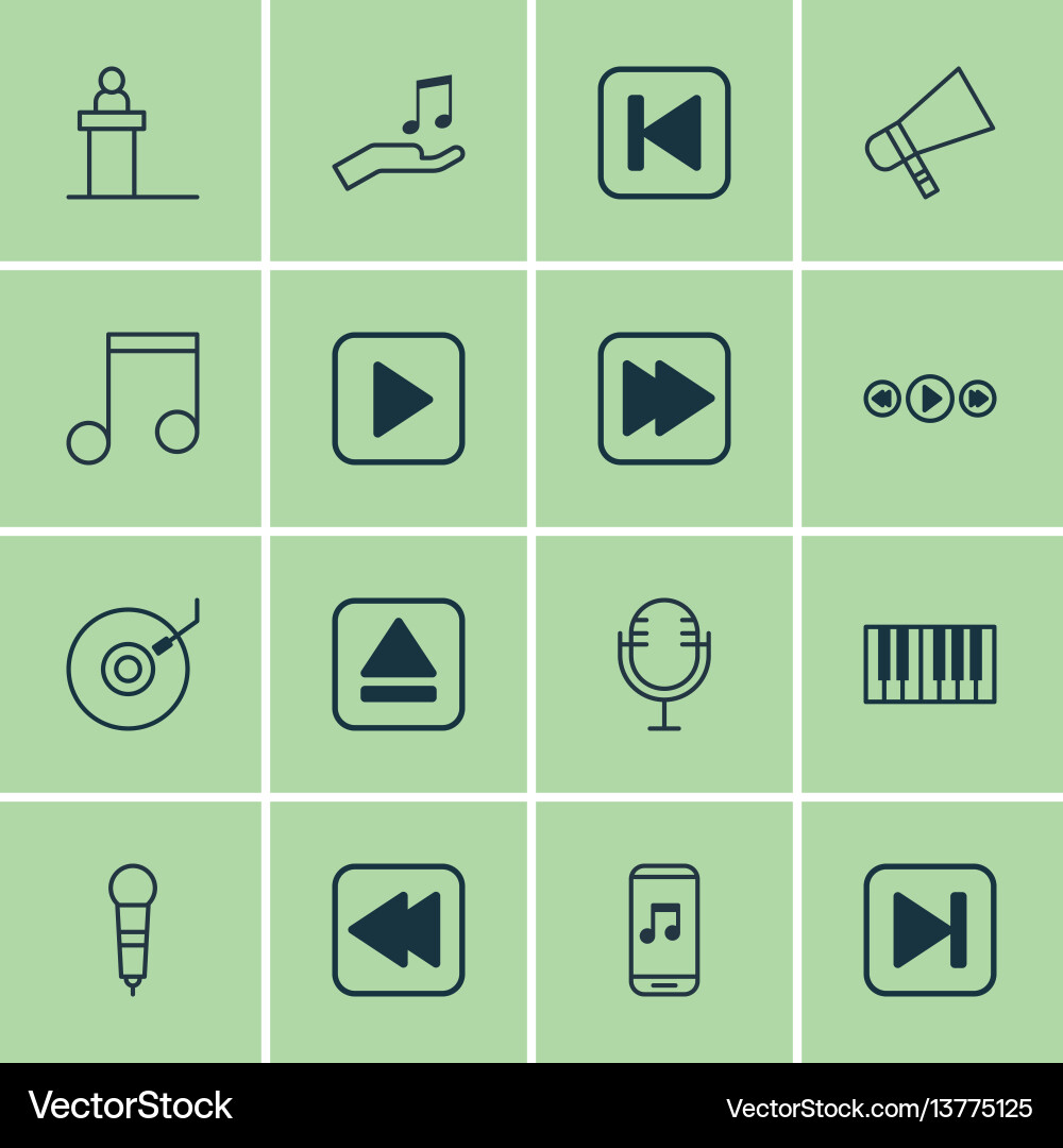 Set of 16 audio icons includes extract device Set of 16 audio icons includes extract device Vector Image
