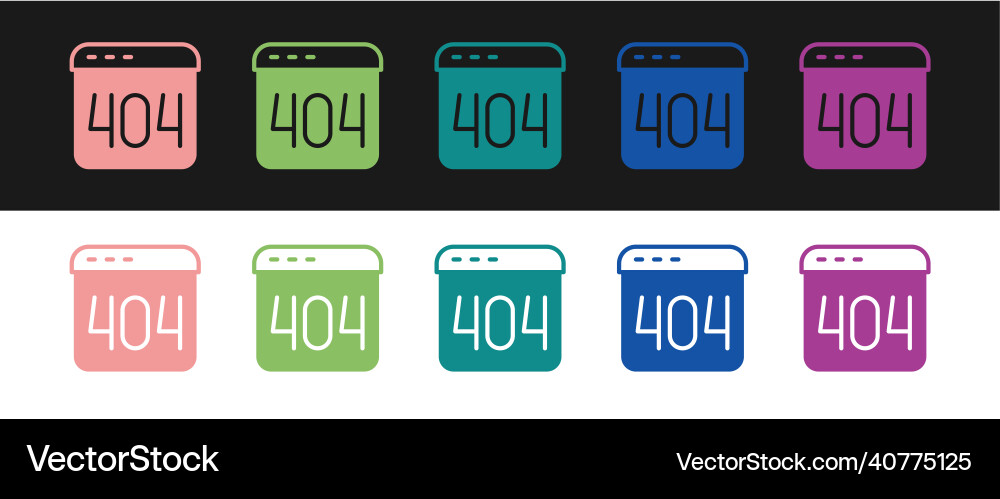 Set page with a 404 error icon isolated on black Set page with a 404 error icon isolated on black Vector Image