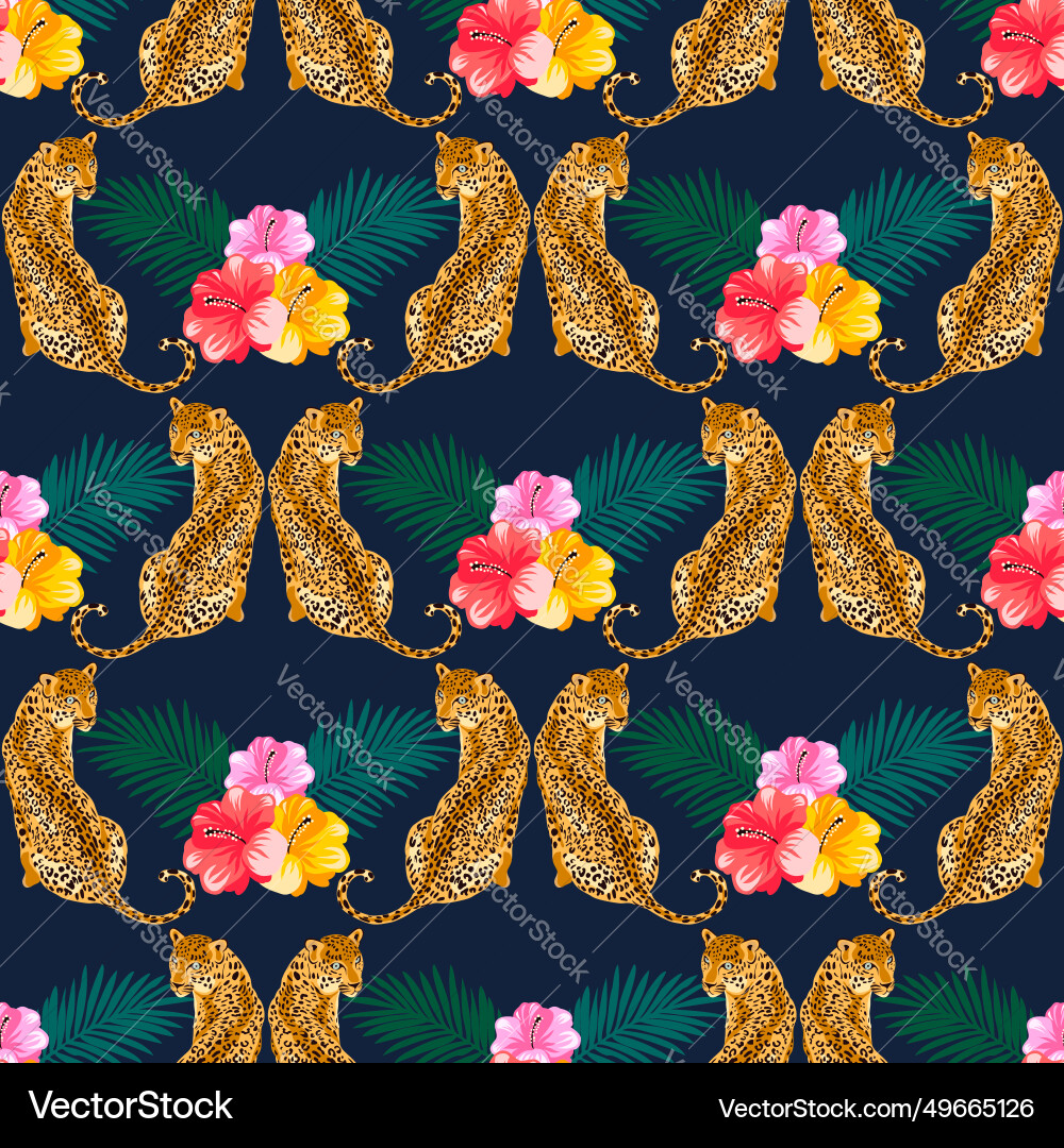 Leopard print pattern with tropical leaves Vector Image
