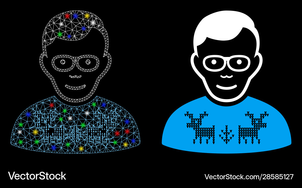 Glowing mesh wire frame nerd guy icon with light Vector Image