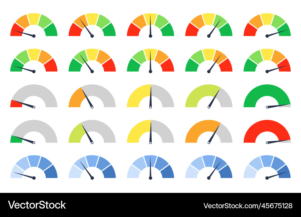 Set of different colorful speedometers meter Set of different colorful speedometers meter vector image