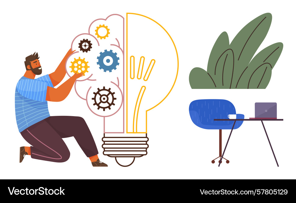 Man installing gears in lightbulb representing vector image