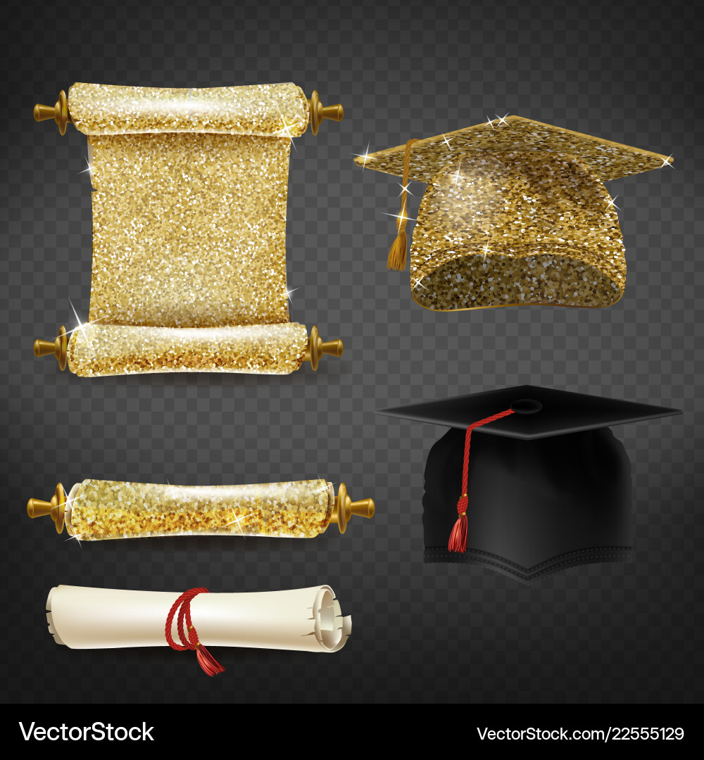 Set with graduation caps and diplomas Royalty Free Vector