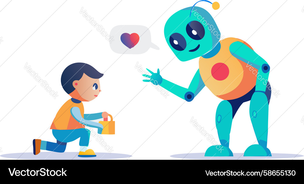 Child interacting with robot symbolizing friendly Vector Image