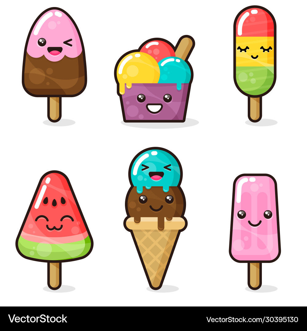 Kawaii ice cream set cute cartoon characters Kawaii ice cream set cute cartoon characters vector image