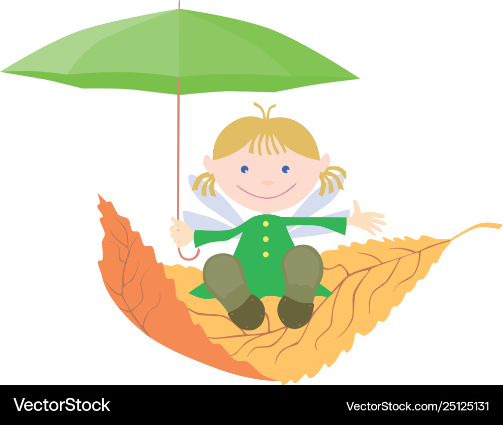 Ein Elf Mädchen mit Regenschirm fliegen auf einem Blatt Vektorbild