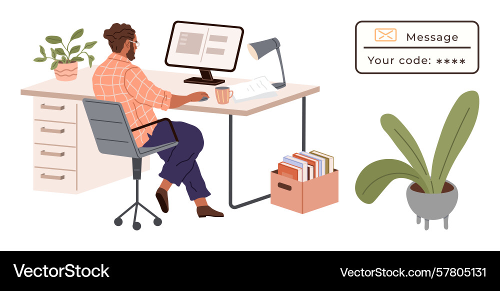 Man working at desk with computer and secure code Vector Image