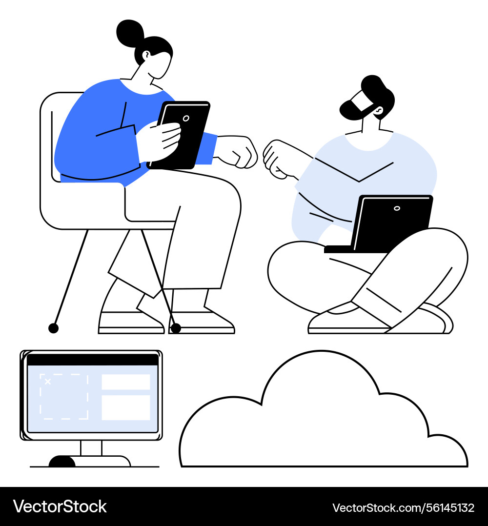 Collaboration between team members using digital Collaboration between team members using digital vector image