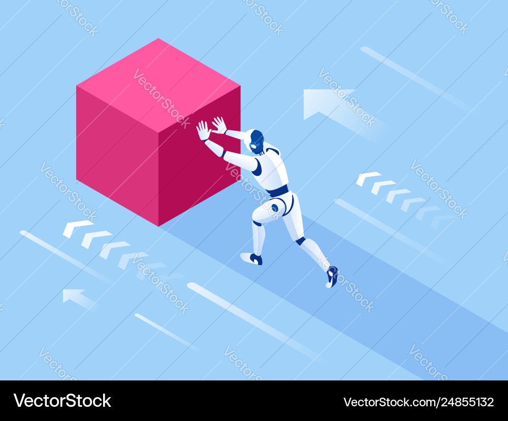Isometric robot pushing cubes easily moving Isometric robot pushing cubes easily moving vector image