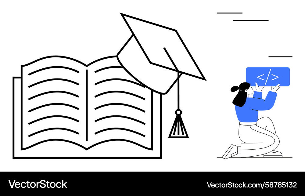 Open book with graduation cap and person coding Open book with graduation cap and person coding Vector Image