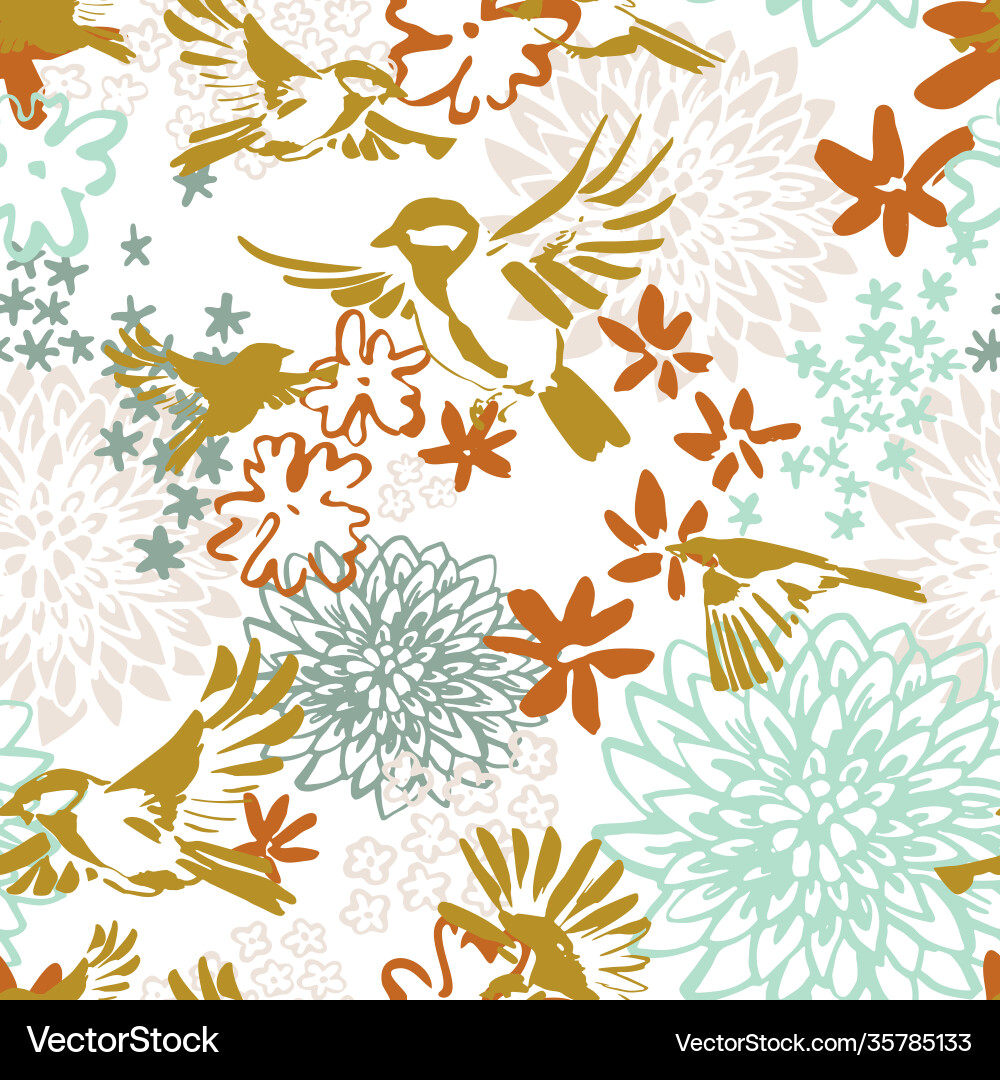 Abstract chrysanthemum small flowers flying birds Vector Image