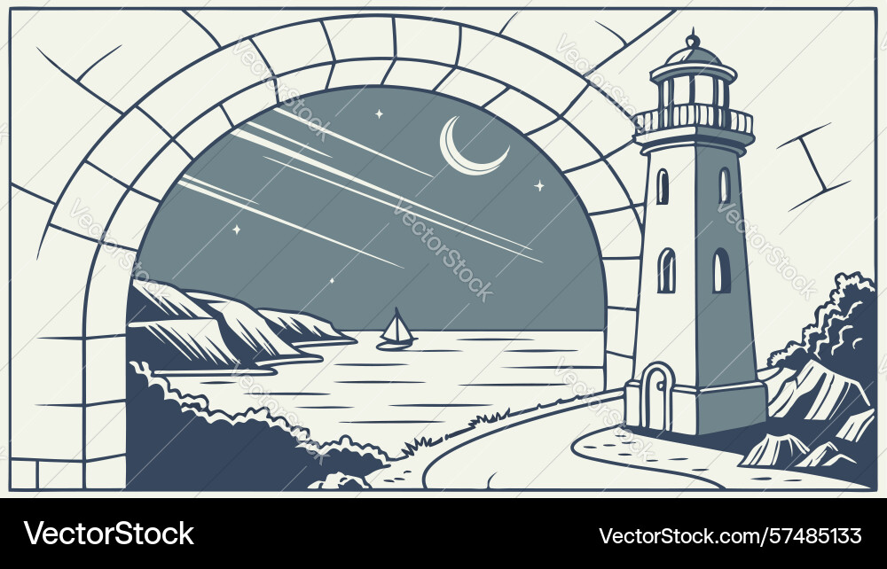 Lighthouse on coast with path under abstract sky Vector Image
