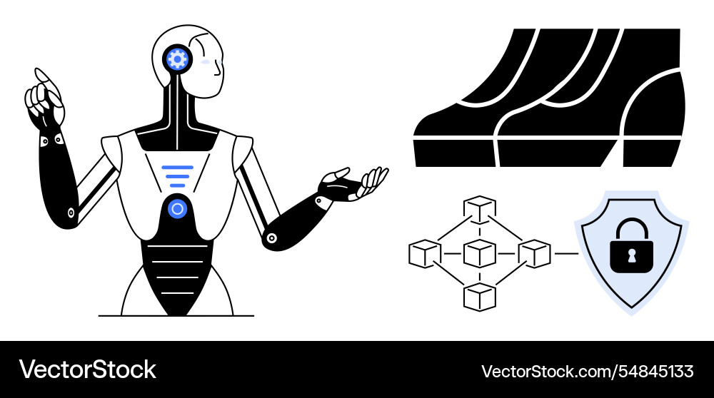 Robot presenting blockchain structure Vector Image