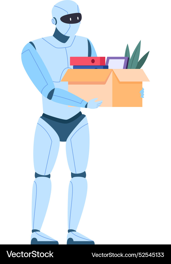 Robot with office stuff box employing android Vector Image