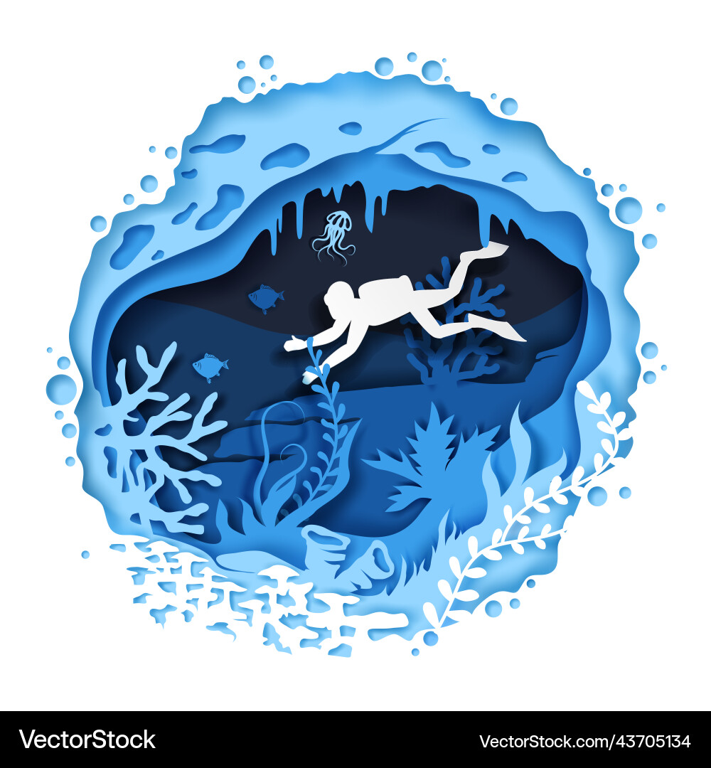 Diver swimming underwater sea paper cut vector image