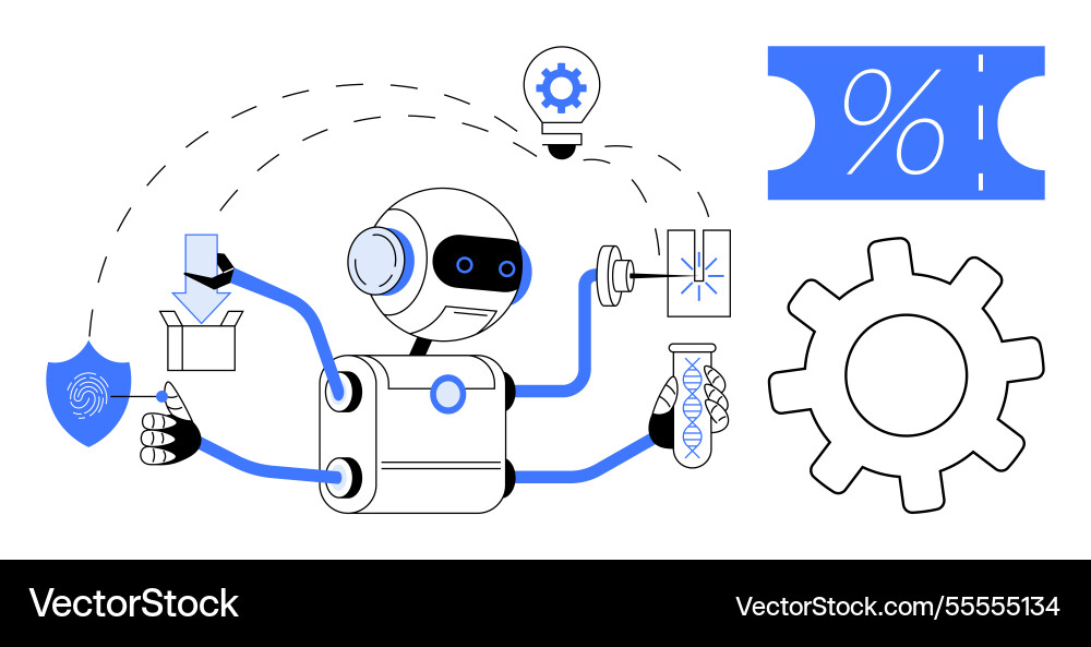 Multifunctional robot engaged in various tasks Multifunctional robot engaged in various tasks vector image