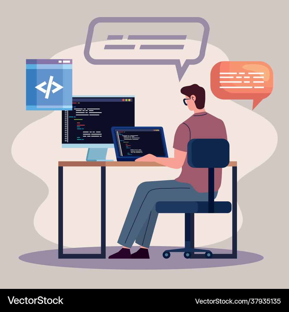Programmer computers in workplace vector image