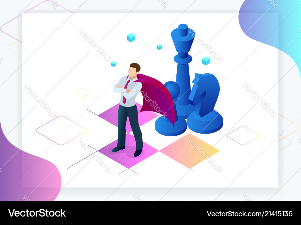 Isometric businessman standing on chess board Isometric businessman standing on chess board vector image
