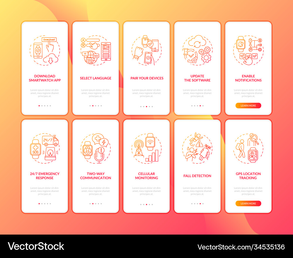 Smart watch setup hints onboarding mobile app Smart watch setup hints onboarding mobile app vector image