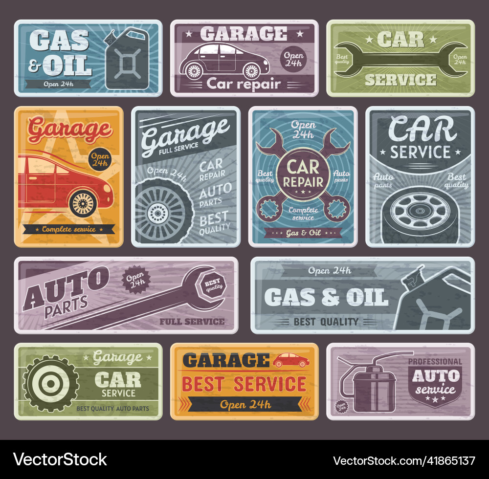 Vintage car auto service garage and gasoline Vintage car auto service garage and gasoline Vector Image
