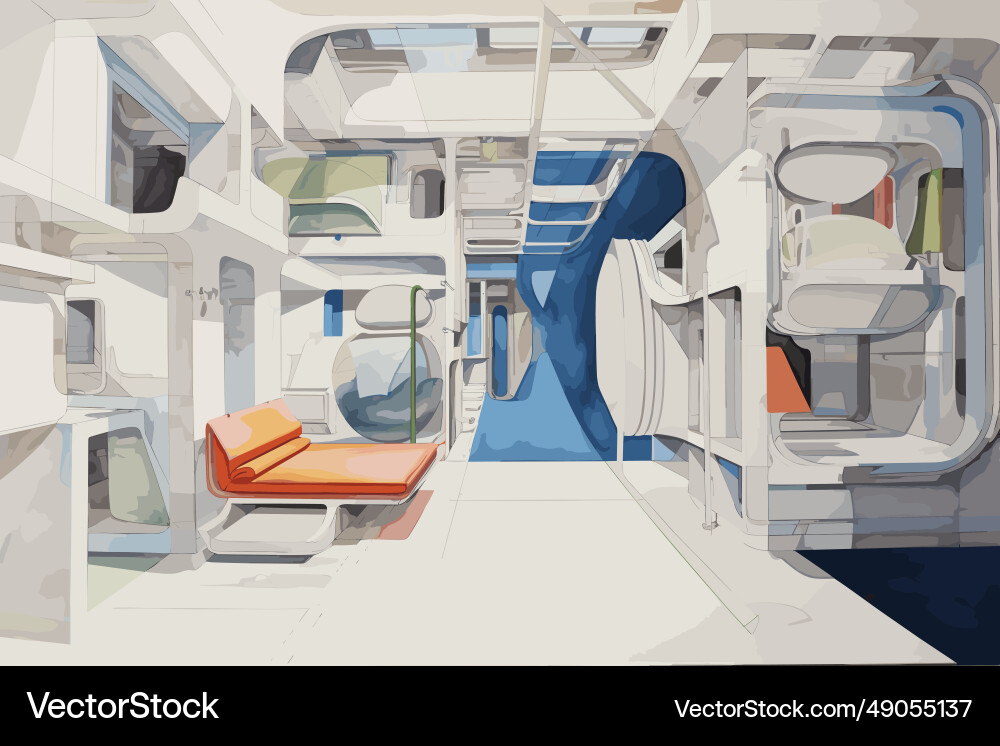 Watercolor futuristic bedroom interior drawing Watercolor futuristic bedroom interior drawing vector image
