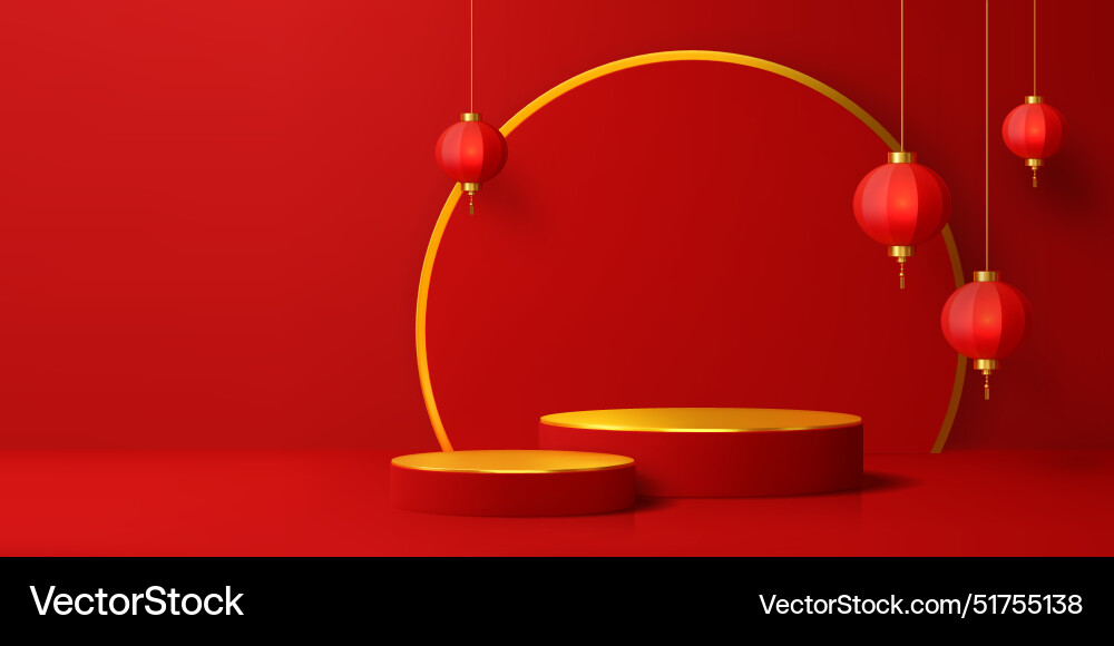 3d chinesisches rotes Podium mit hängenden Laternen 3d chinesisches rotes Podium mit hängenden Laternen vektorbild