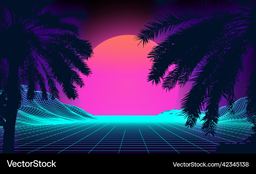 3d Sonnenuntergang am Strand retro palms sci fi 3d Sonnenuntergang am Strand retro palms sci fi vektorbild