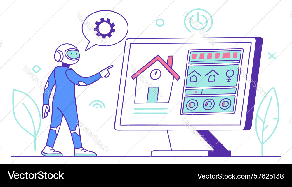 Man controlling smart home system on desktop pc vector image