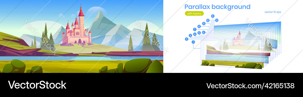 Parallax background with castle in mountain valley Parallax background with castle in mountain valley vector image
