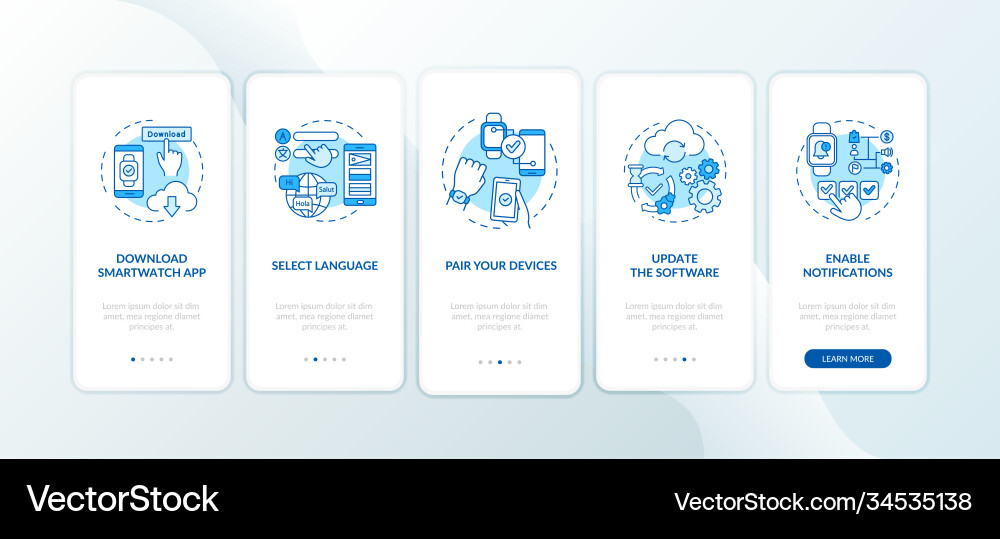 Smart watch setup hints onboarding mobile app Smart watch setup hints onboarding mobile app vector image