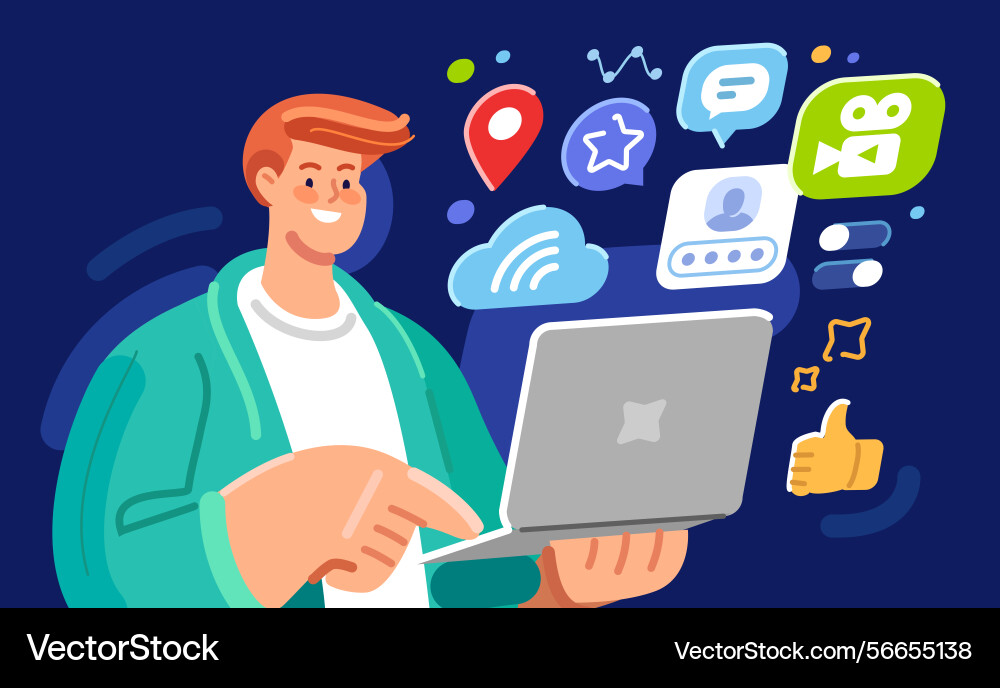 User interacts with applications on laptop User interacts with applications on laptop vector image