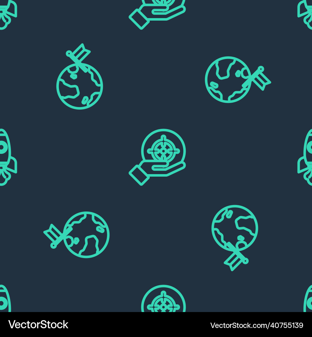 Set line target planet with flag and rocket ship Vector Image