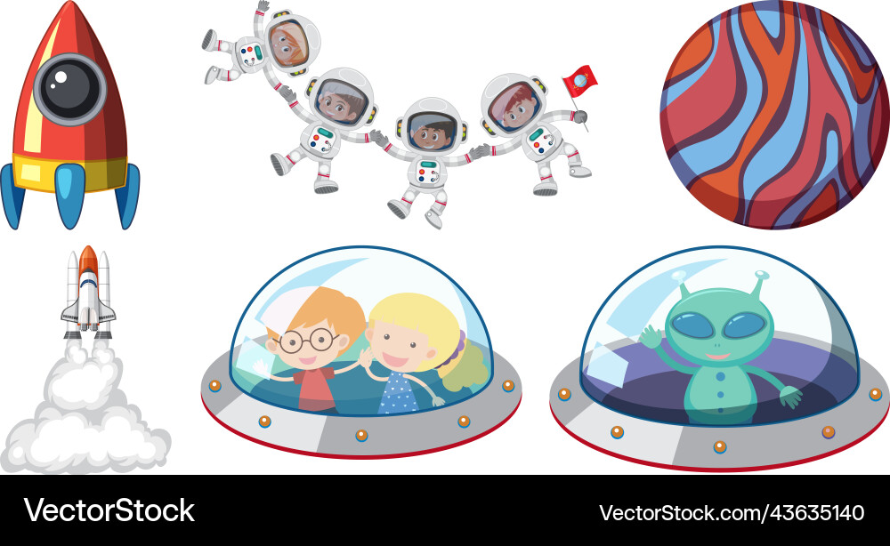 Set of space cartoon characters and objects Set of space cartoon characters and objects Vector Image
