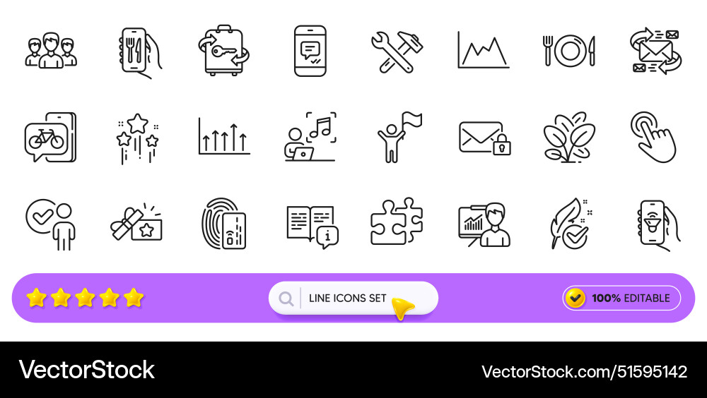 Group puzzle and diagram line icons for web app vector image