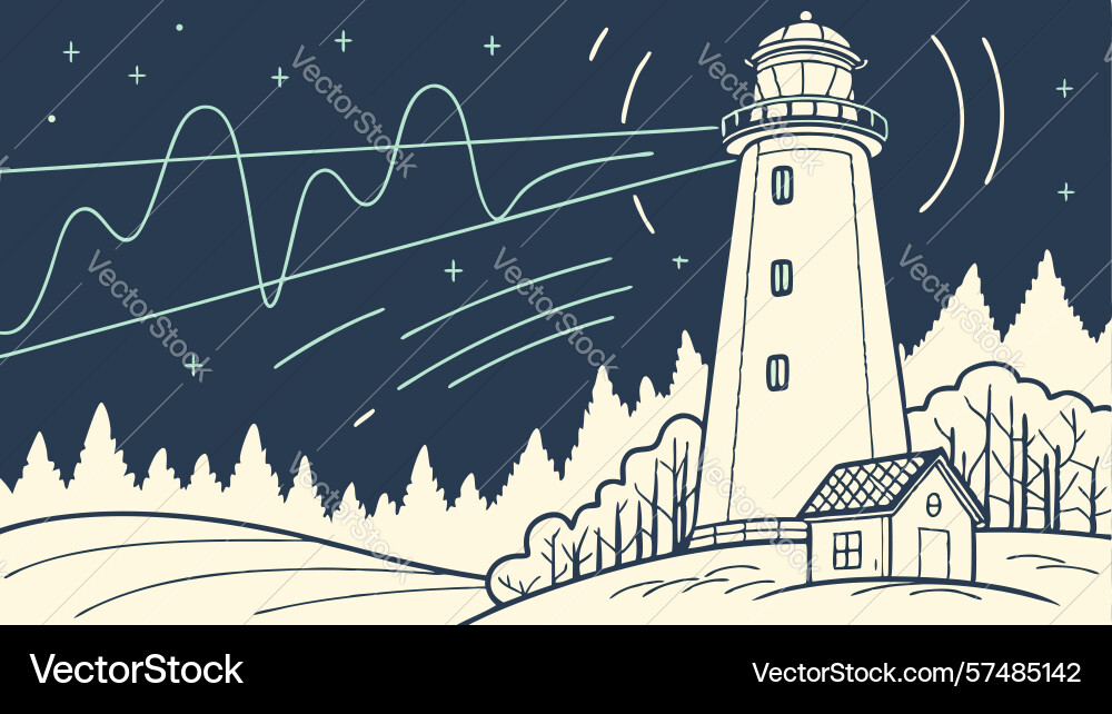 Lighthouse with abstract wavy lines and crescent Vector Image