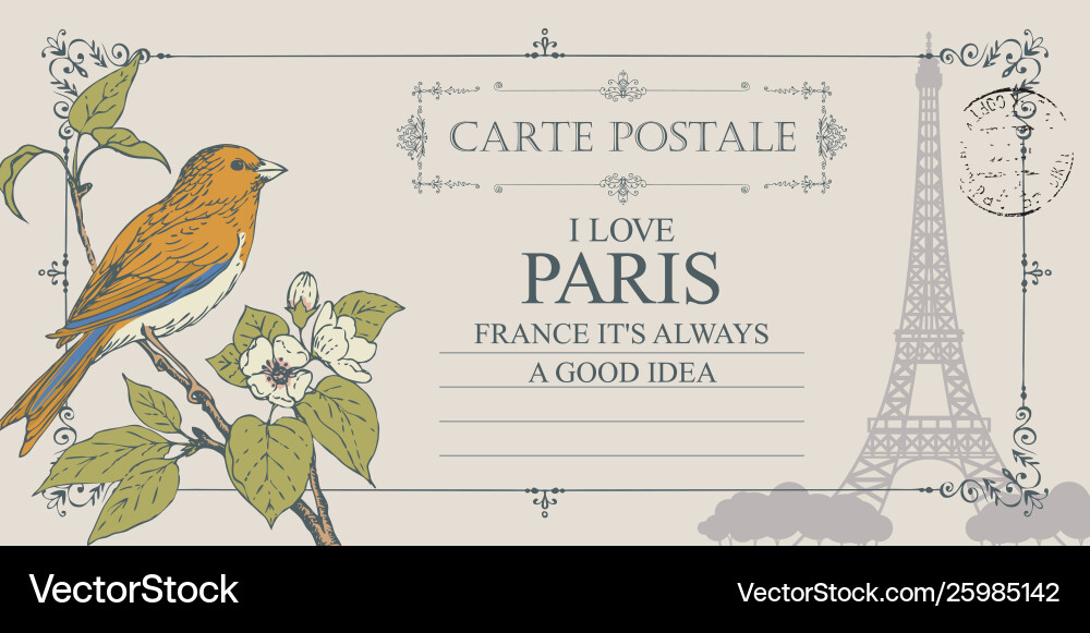 Retro postcard with little bird and eiffel tower Retro postcard with little bird and eiffel tower vector image