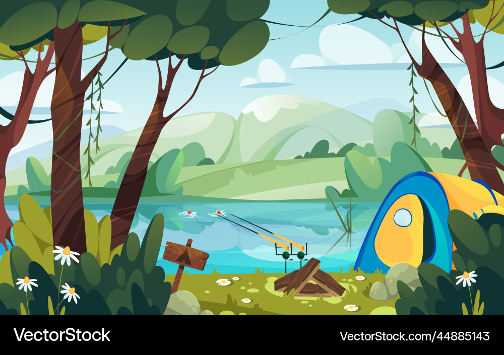 Fishing by a river valley or shore banner vector image